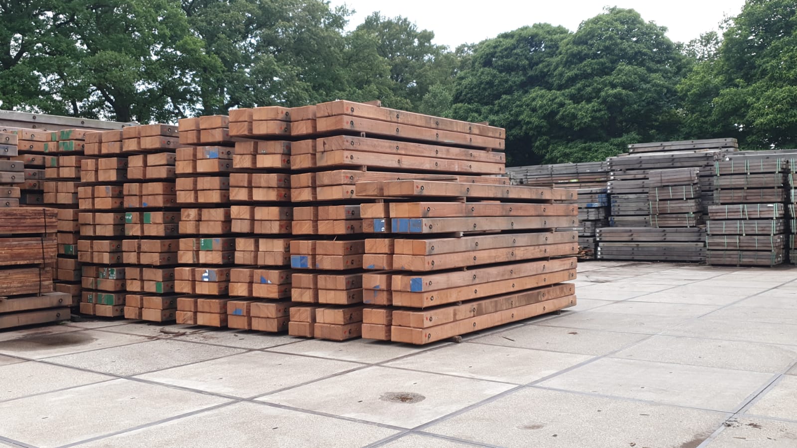 Large stacks of timber mats stored in an outdoor yard with trees and industrial surroundings.