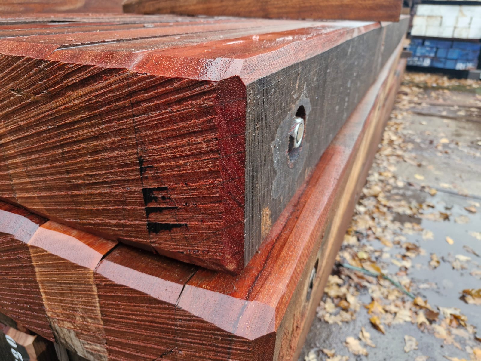 Close-up of a rain-dampened timber mat, showing detailed wood grain and a bolt fixture for ground protection.